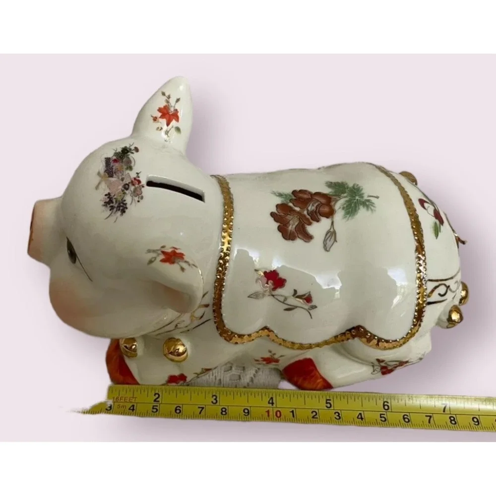 Chinese Floral Ceramic Piggy Bank Home Decor Small White Gold